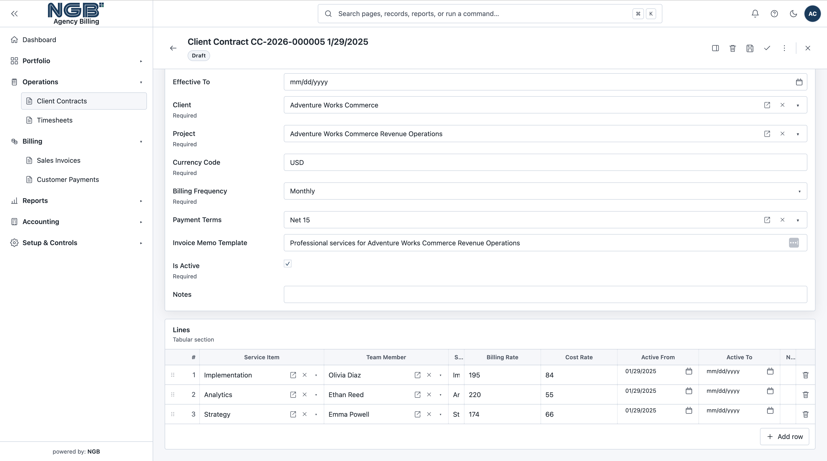 NGB Client Contract document form with commercial terms, billing frequency, payment terms, notes, and tabular service lines.